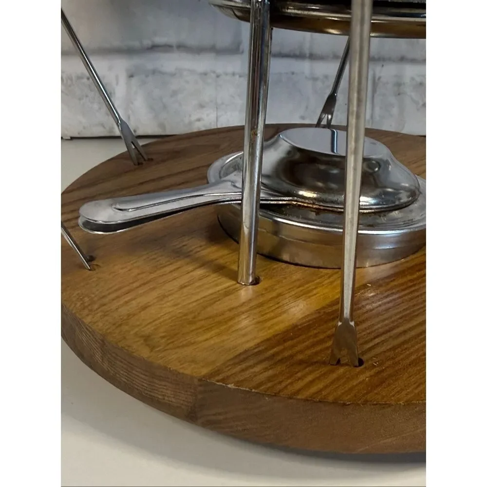 Vintage MCM Fondue Set 18/8 Stainless Steel Wood Mint Condition